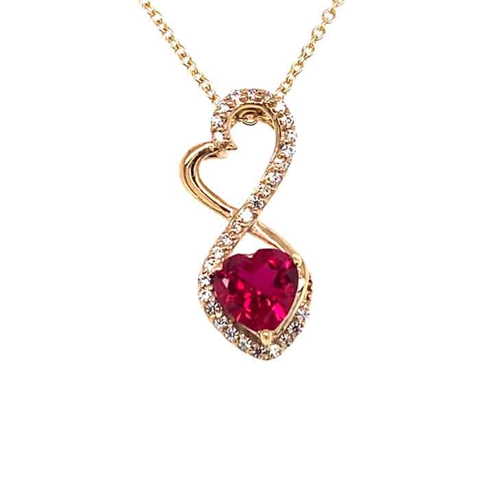 1.21 CTW DEW Red Heart Lab Created Ruby & Moissanite Infinity Pendant in 14K Yellow Gold