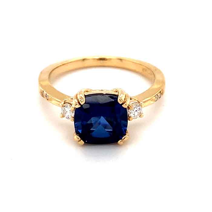 2.84 CTW DEW Blue Cushion Lab Created Sapphire & Moissanite Statement Ring in 14K Yellow Gold
