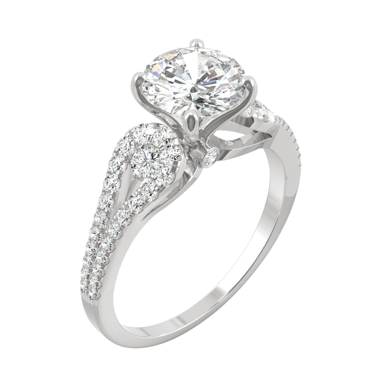 2.08 CTW DEW Round Moissanite Accented Engagement Ring in 14K White Gold