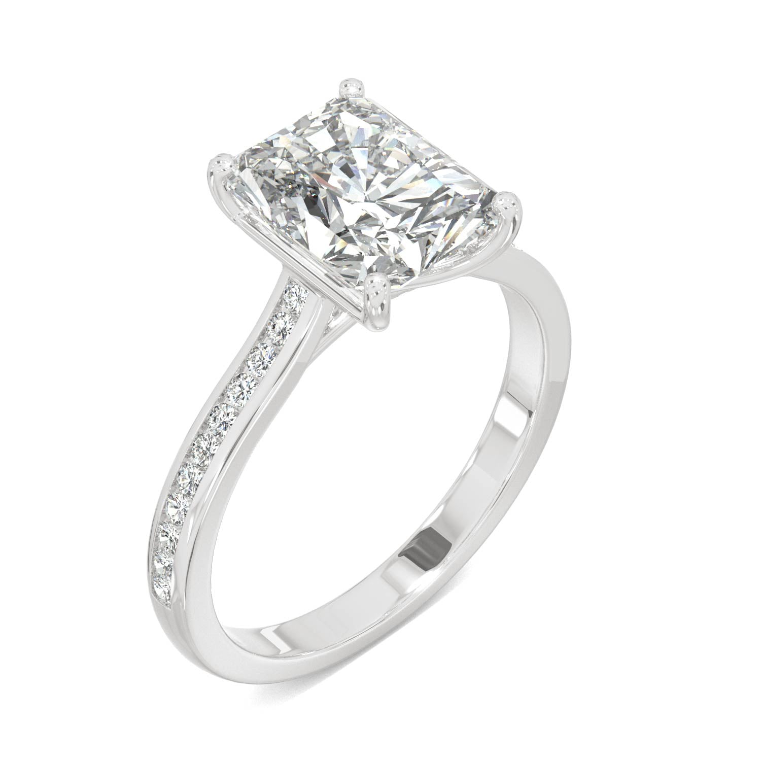 2.88 CTW DEW Radiant Moissanite Engagement Ring in 14K White Gold
