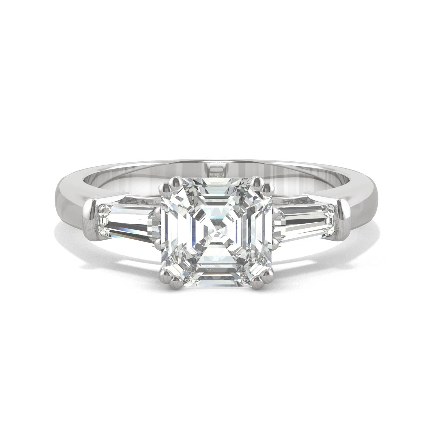 1.67 CTW DEW Asscher Moissanite Three-Stone Basket Ring in 14K White Gold