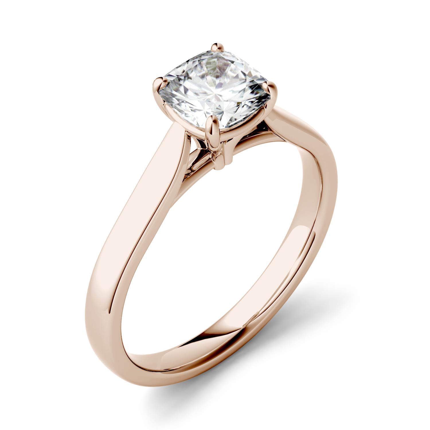 1.10 CTW DEW Cushion Moissanite Cathedral Solitaire Engagement Ring in 14K Rose Gold