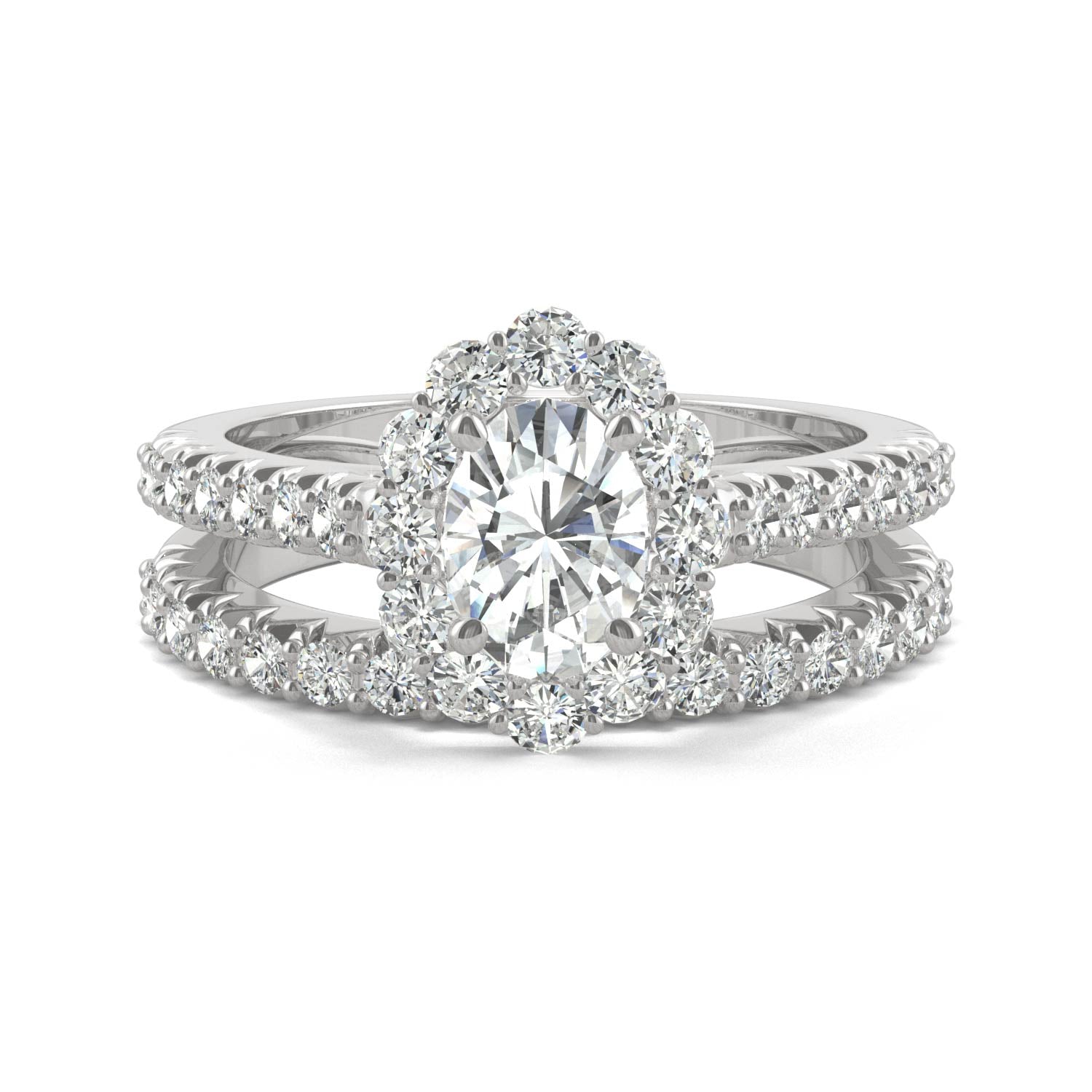 1.88 CTW DEW Oval Moissanite Halo Bridal Set in 14K White Gold