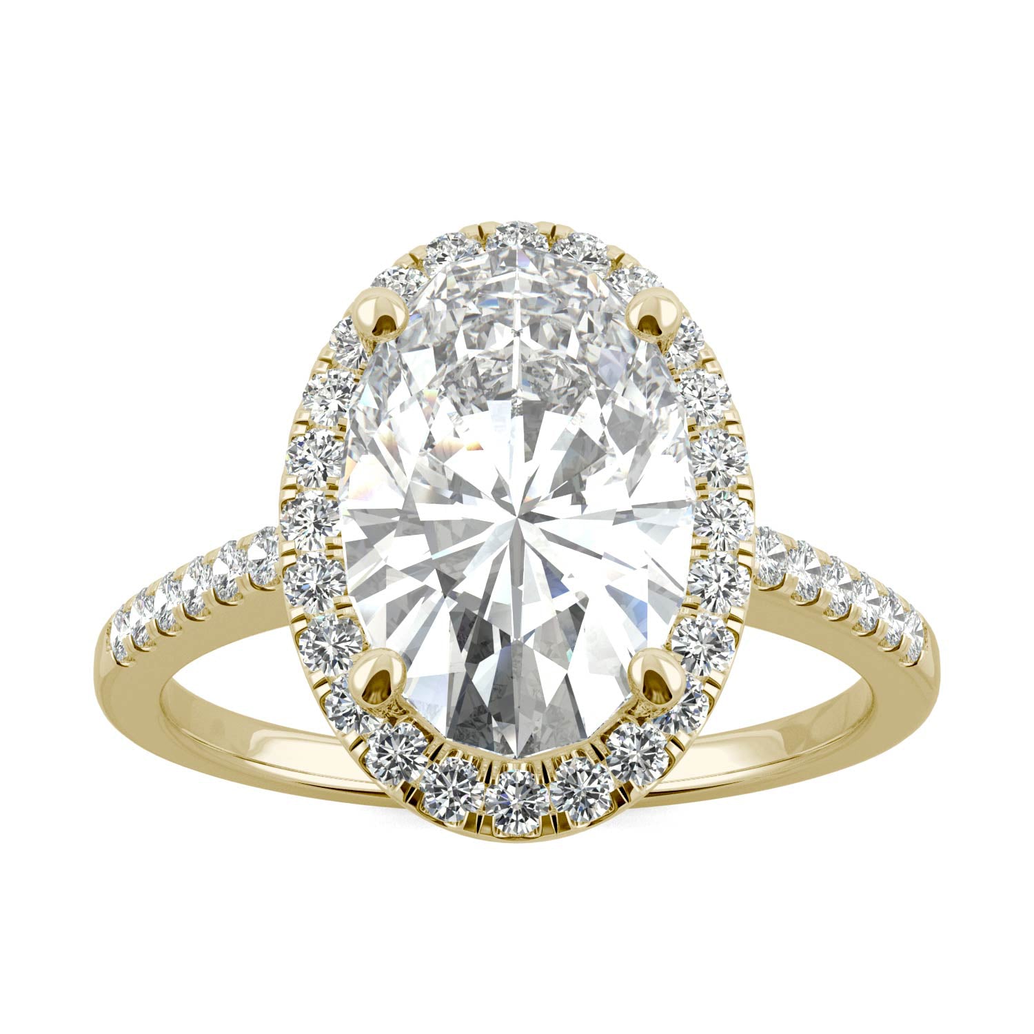 4.75 CTW DEW Elongated Oval Moissanite Halo Ring in 14K Yellow Gold