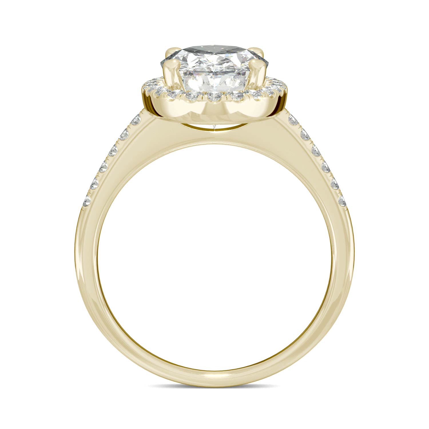 4.75 CTW DEW Elongated Oval Moissanite Halo Ring in 14K Yellow Gold