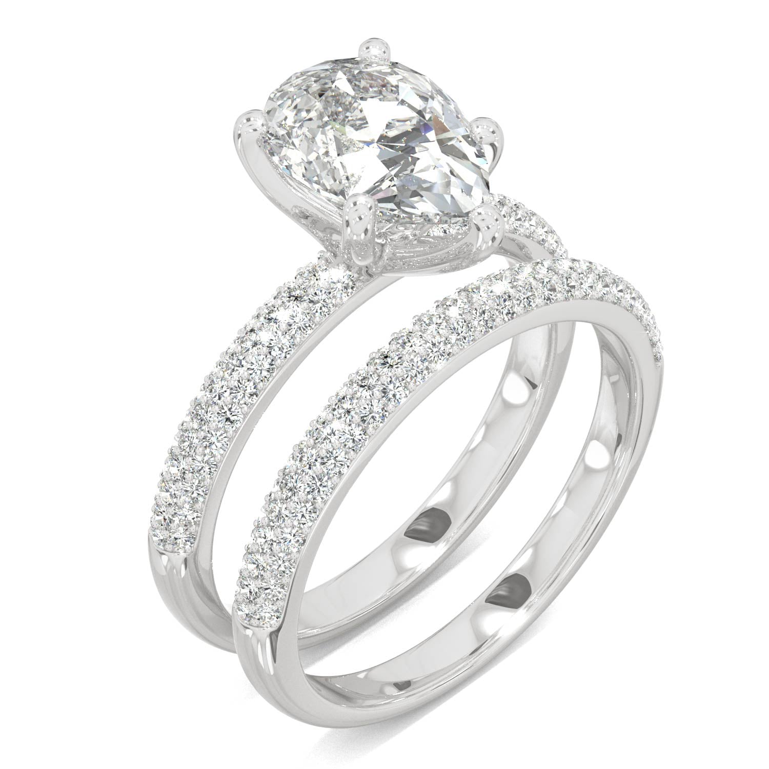 2.54 CTW DEW Pear Side-Stone Moissanite Bridal Set in 14K White Gold
