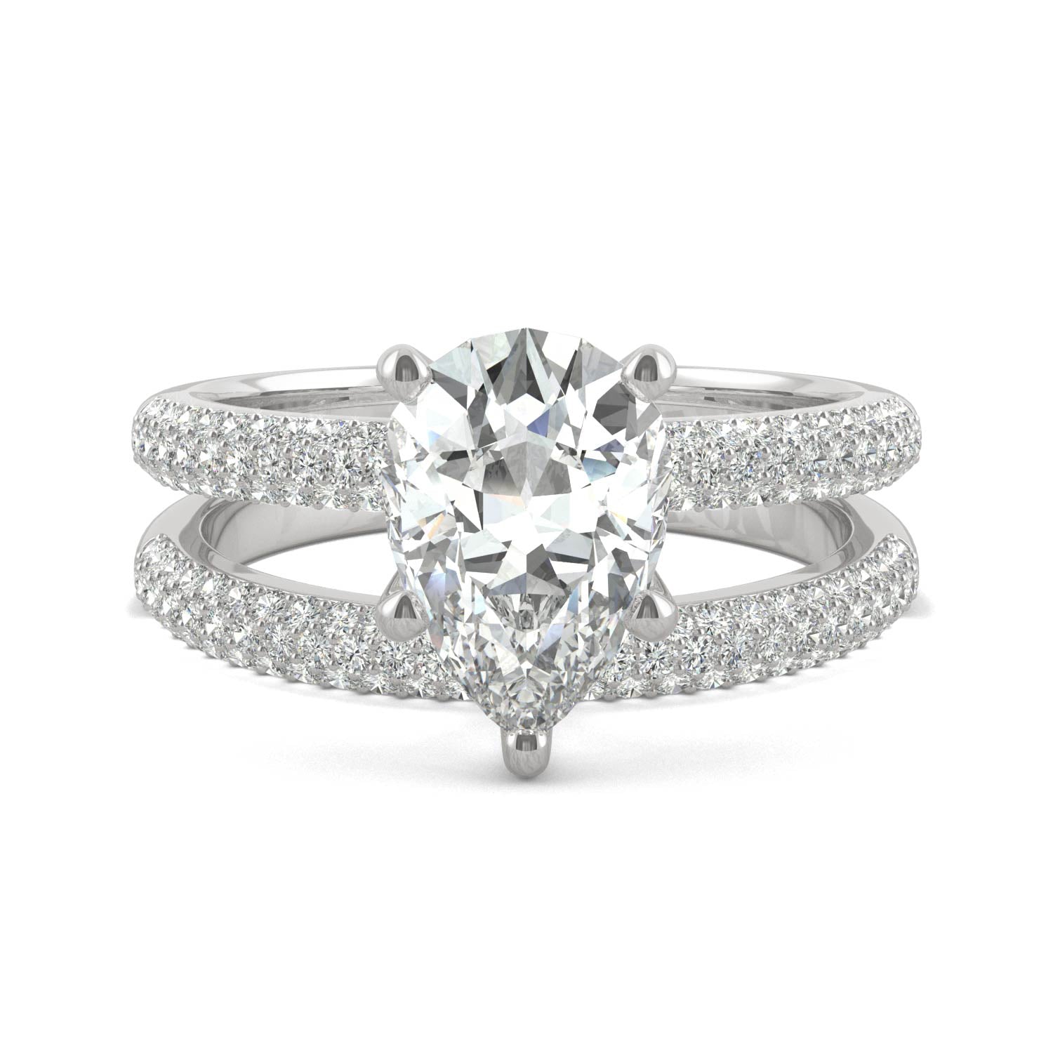 2.54 CTW DEW Pear Side-Stone Moissanite Bridal Set in 14K White Gold