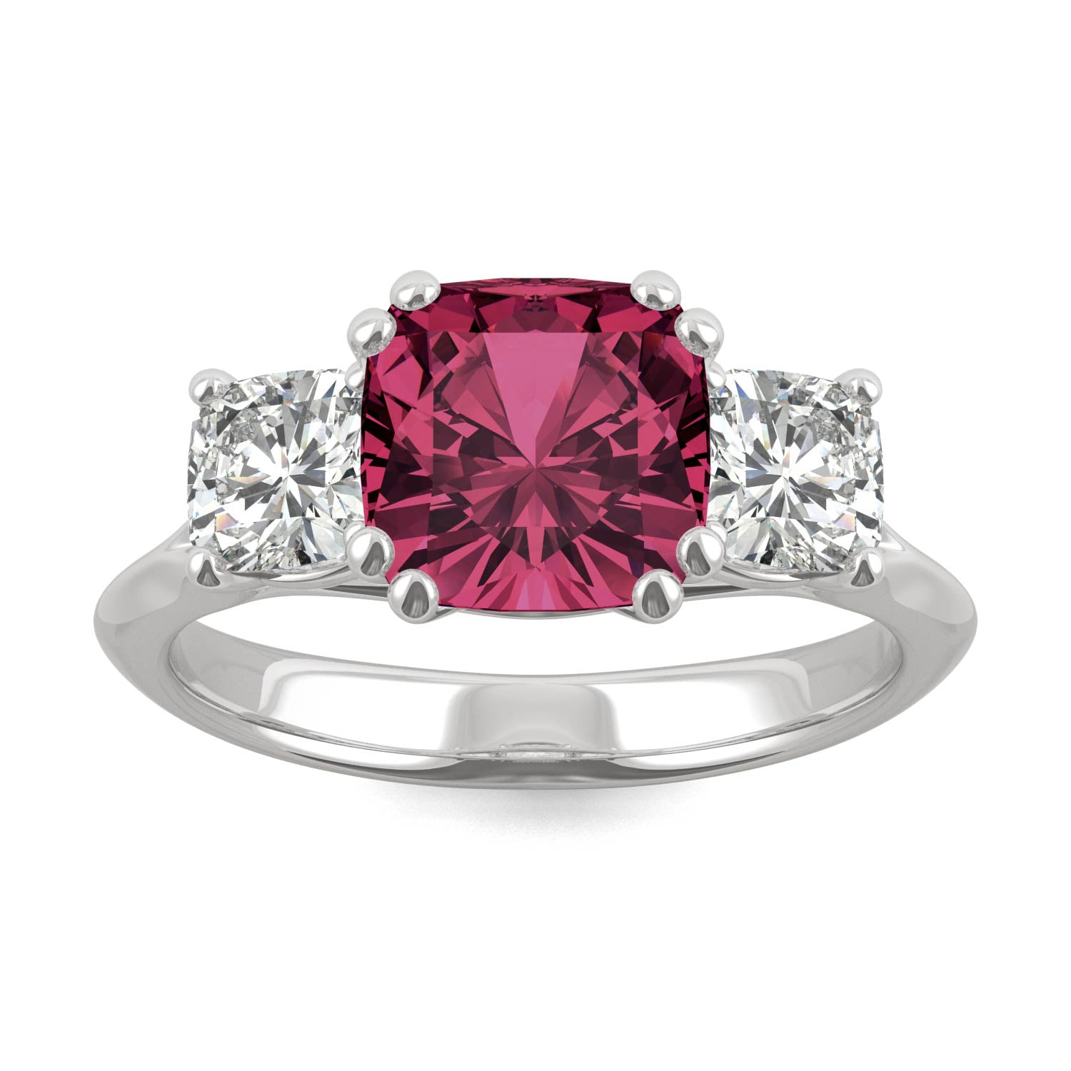 1.00 CTW DEW Cushion Ruby Three-Stone Ring in 14K White Gold