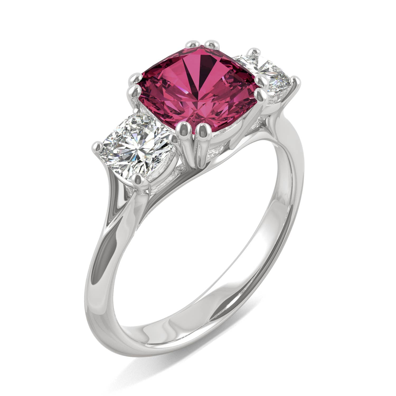 1.00 CTW DEW Cushion Ruby Three-Stone Ring in 14K White Gold