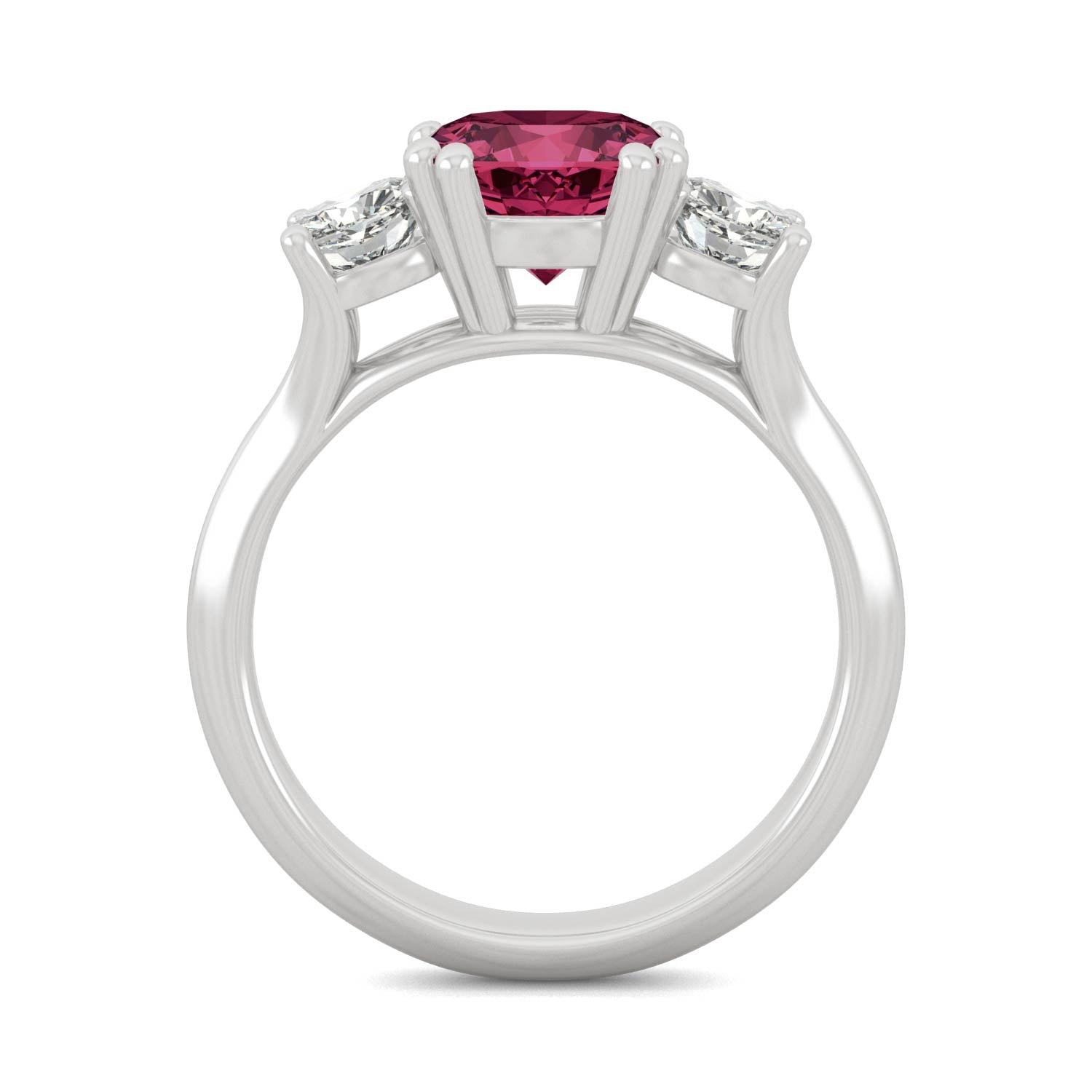 1.00 CTW DEW Cushion Ruby Three-Stone Ring in 14K White Gold