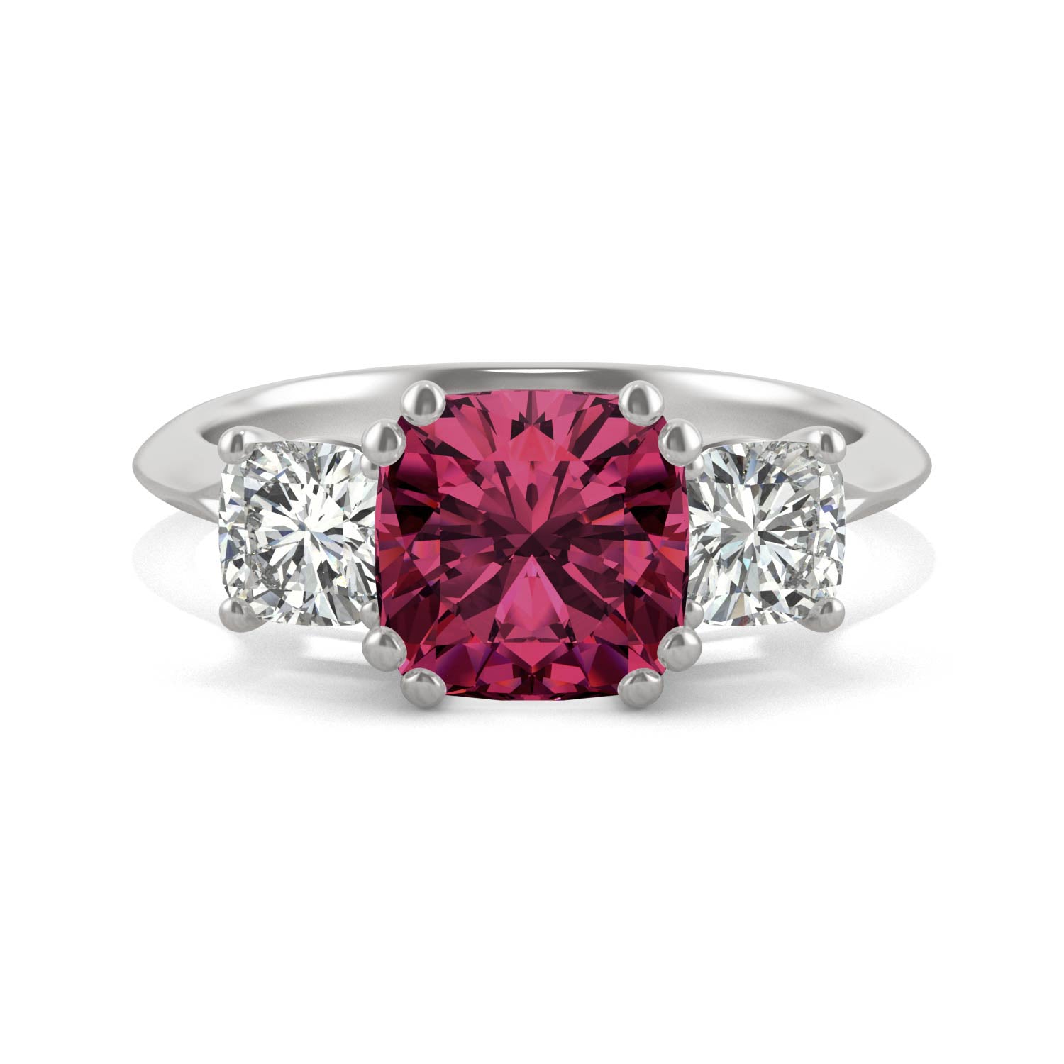 1.00 CTW DEW Cushion Ruby Three-Stone Ring in 14K White Gold