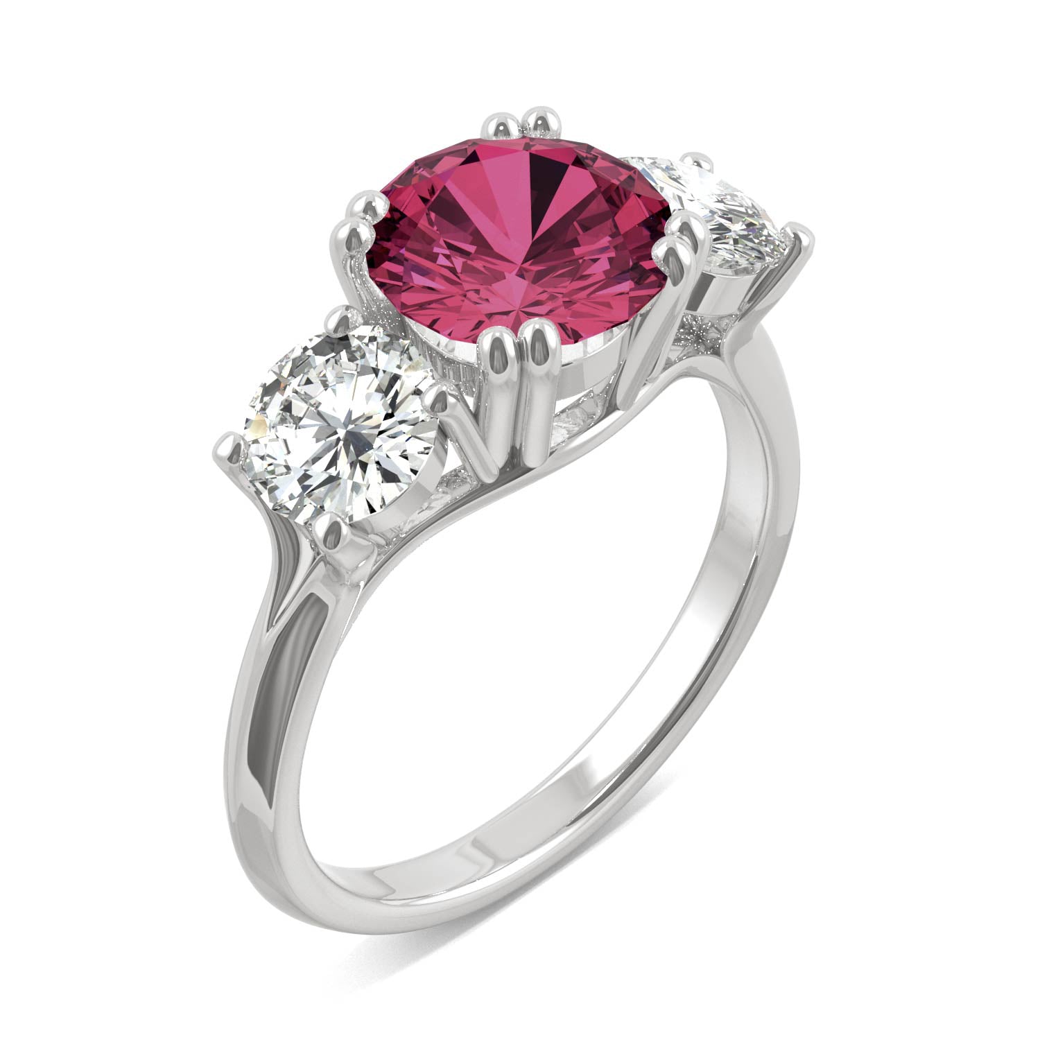 3.90 CTW DEW Round Ruby Three-Stone Ring in 14K White Gold