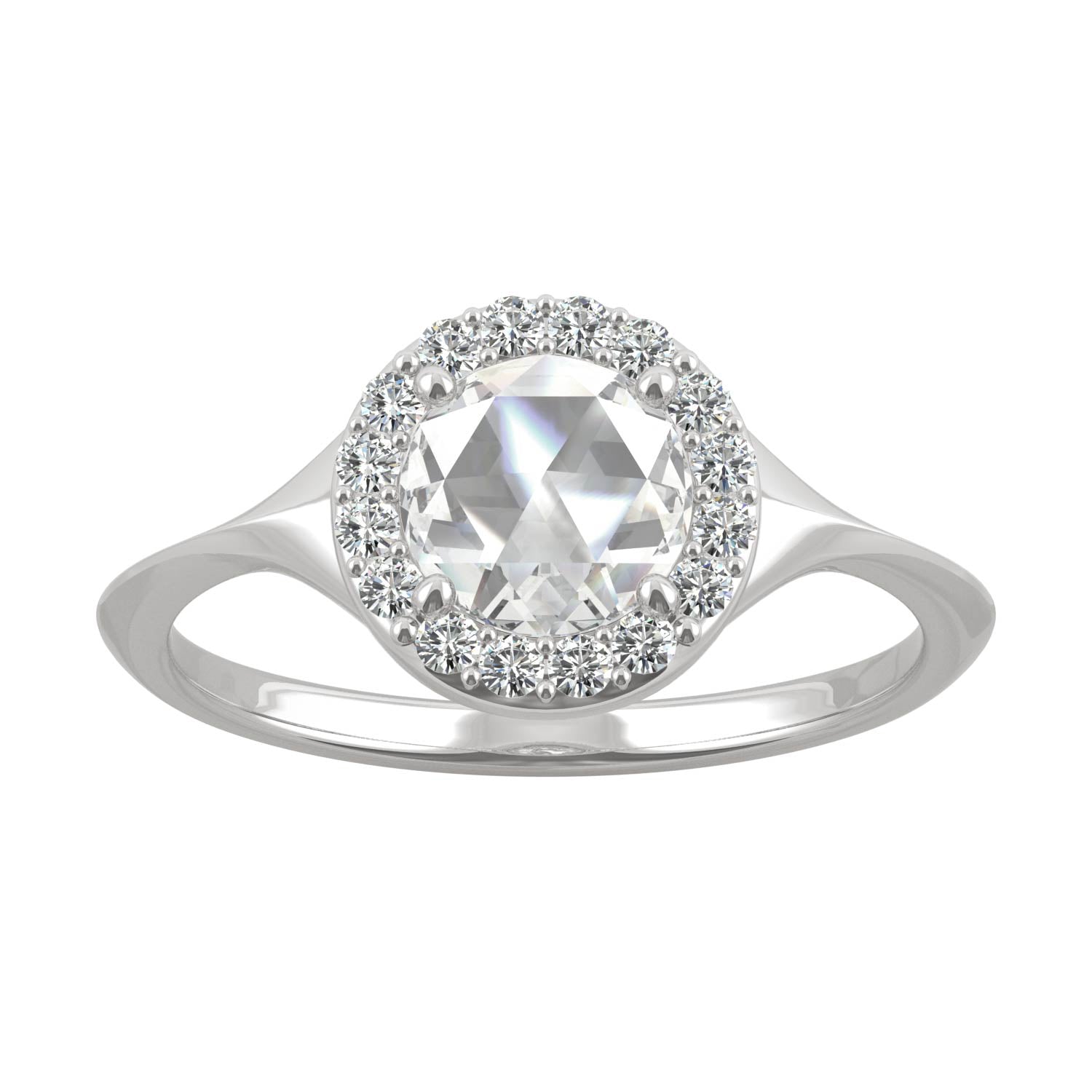 0.60 CTW DEW Round Rose-Cut Moissanite Halo Ring in 14K White Gold