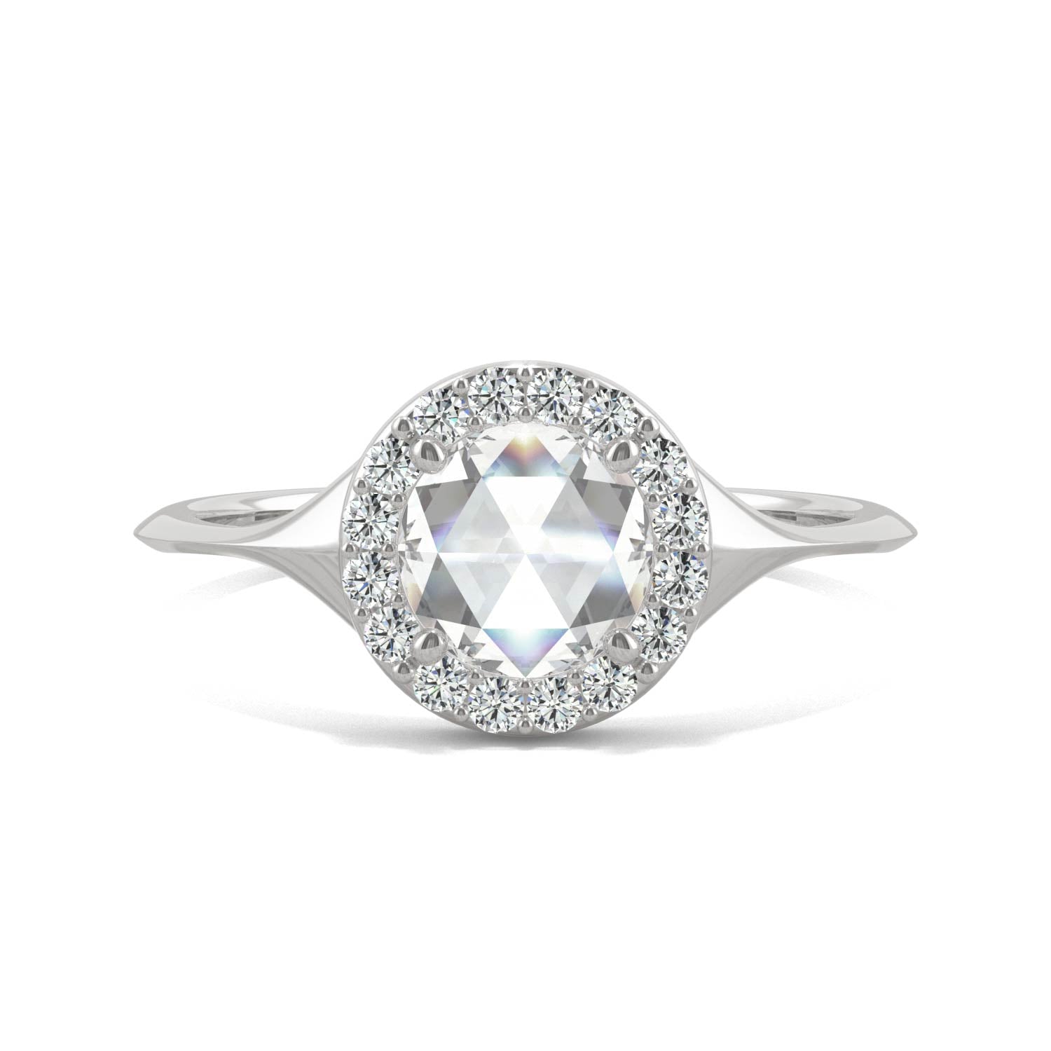 0.60 CTW DEW Round Rose-Cut Moissanite Halo Ring in 14K White Gold