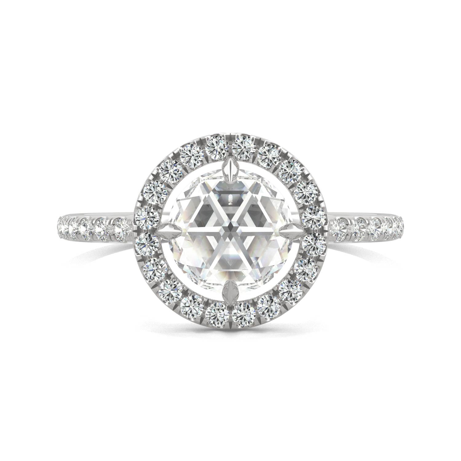1.56 CTW DEW Round Rose-Cut Moissanite Halo Ring in 14K White Gold