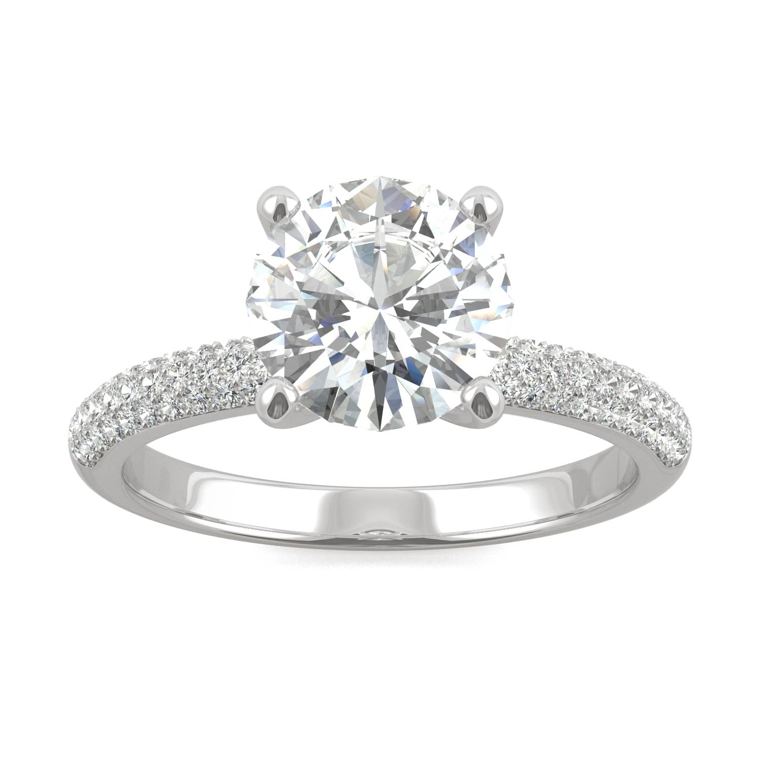 2.11 CTW DEW Round Moissanite Pave Side-Stone Engagement Ring in 14K White Gold