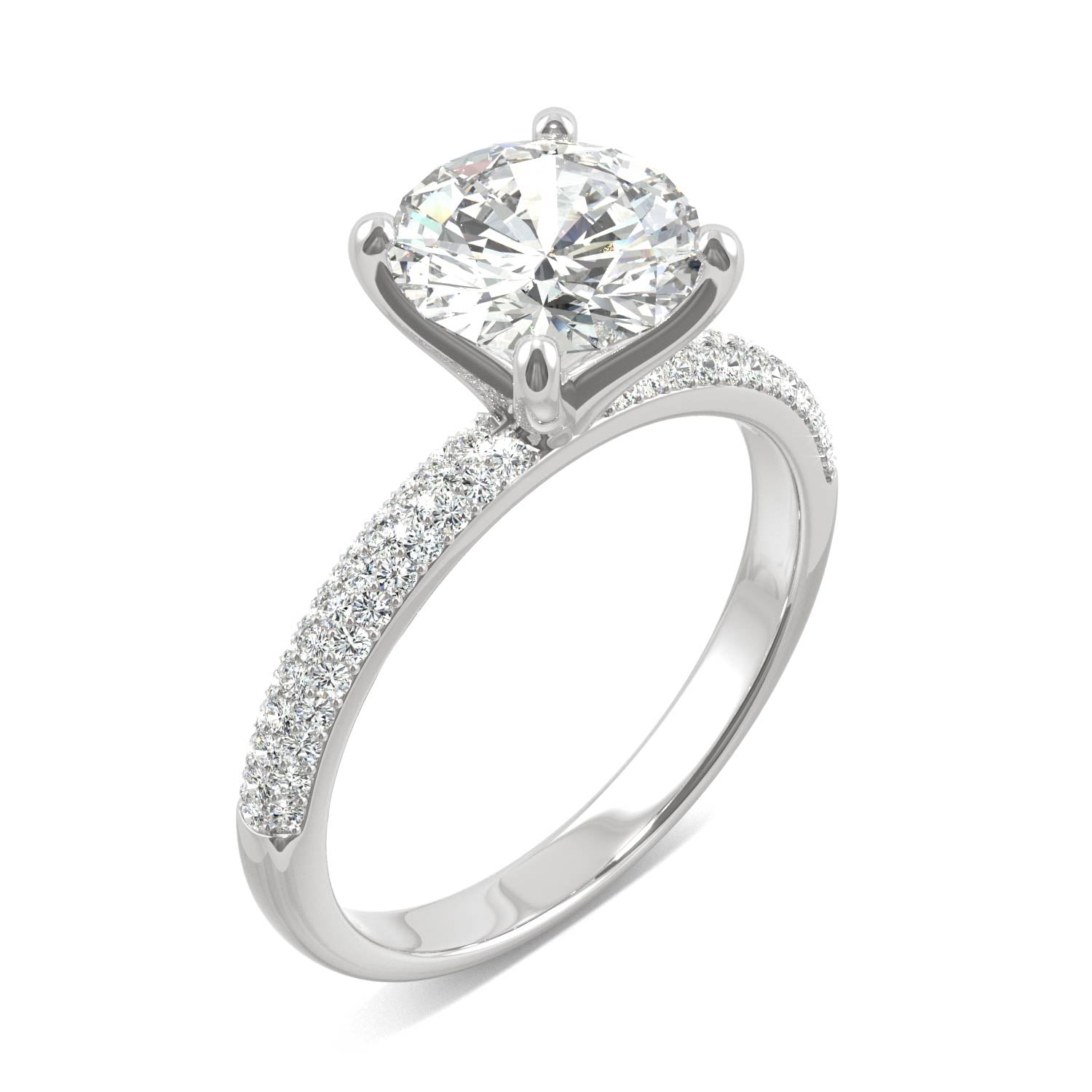 2.11 CTW DEW Round Moissanite Pave Side-Stone Engagement Ring in 14K White Gold