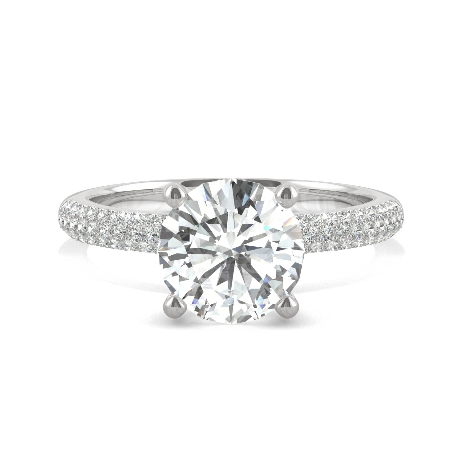 2.11 CTW DEW Round Moissanite Pave Side-Stone Engagement Ring in 14K White Gold