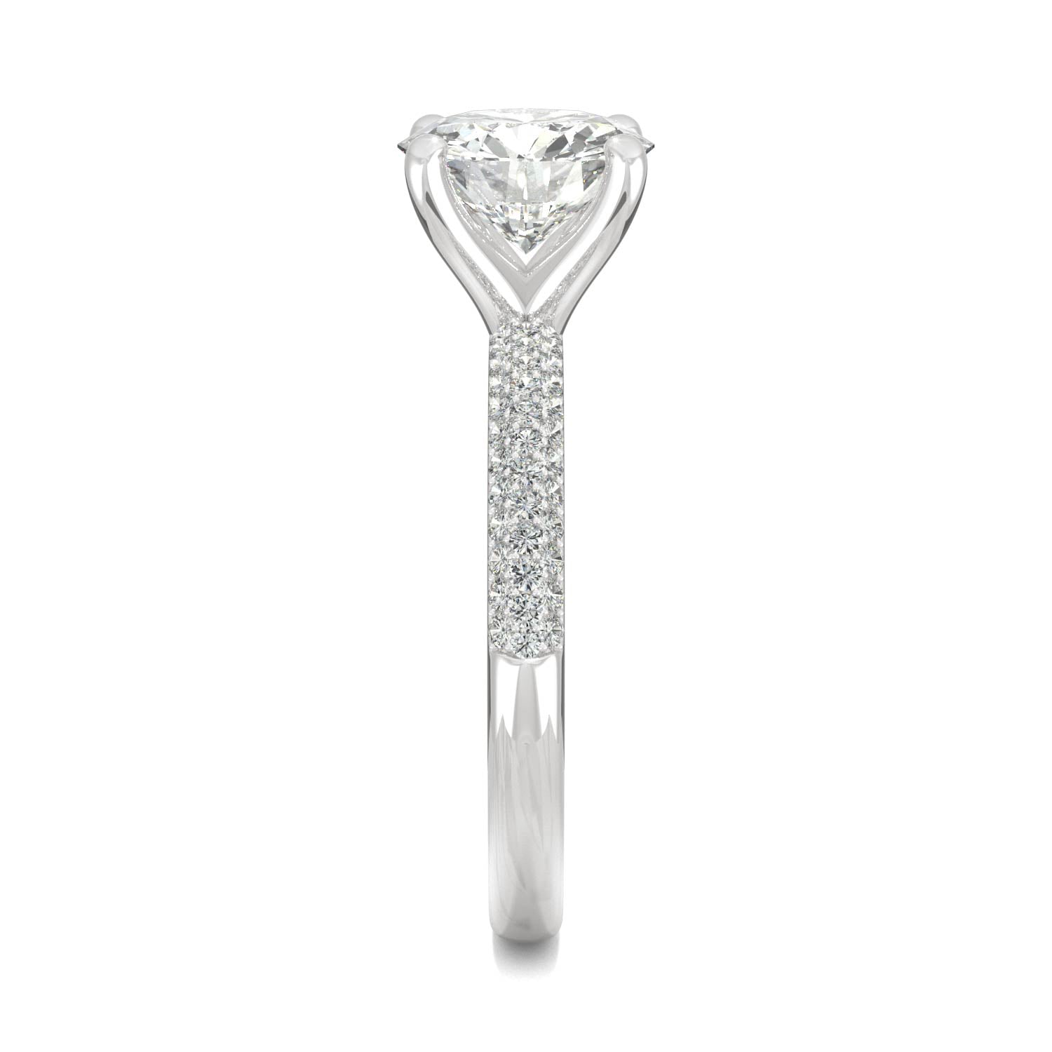 2.11 CTW DEW Round Moissanite Pave Side-Stone Engagement Ring in 14K White Gold