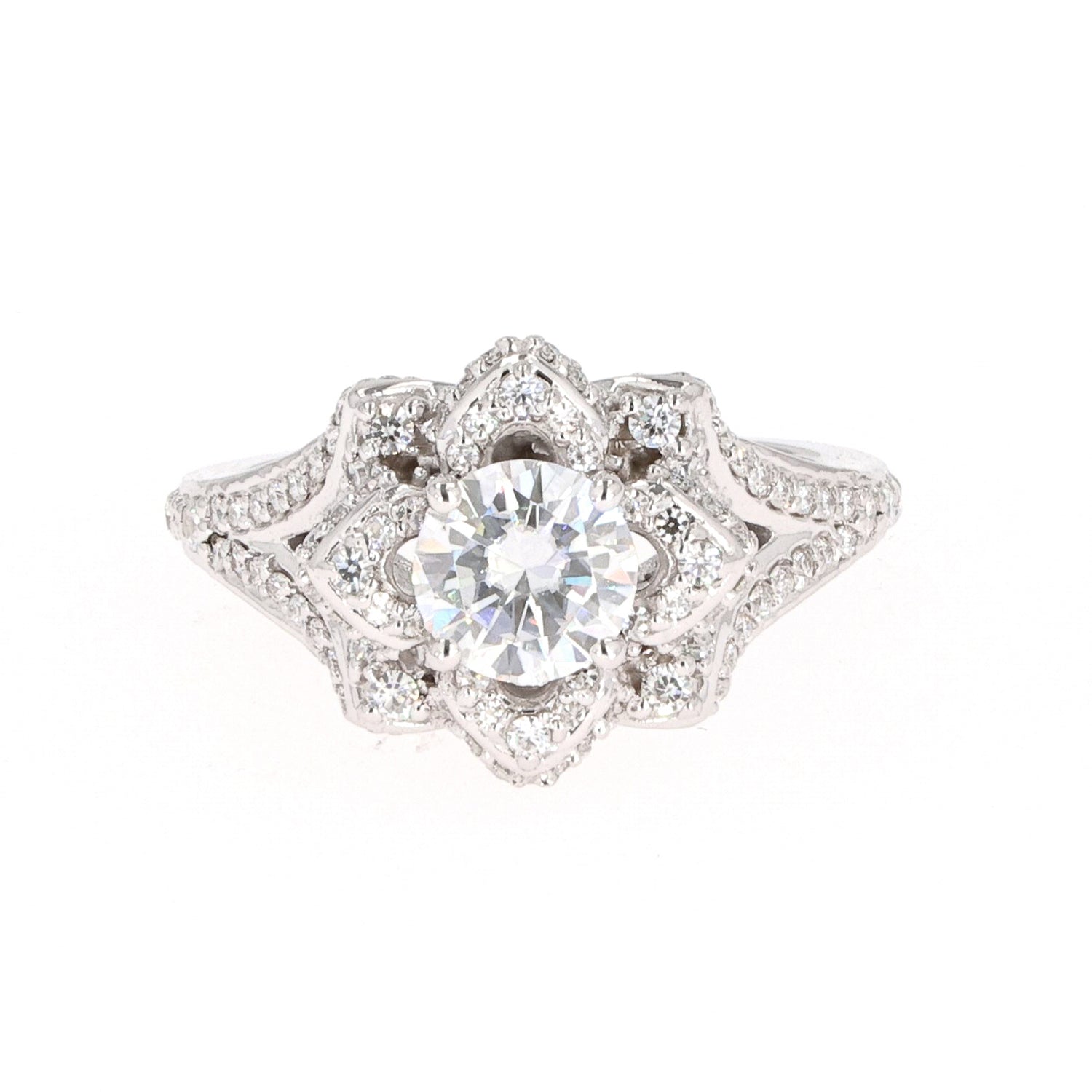 1.70 CTW DEW Round Near-Colorless Moissanite Flower Solitaire Ring in 14K White Gold