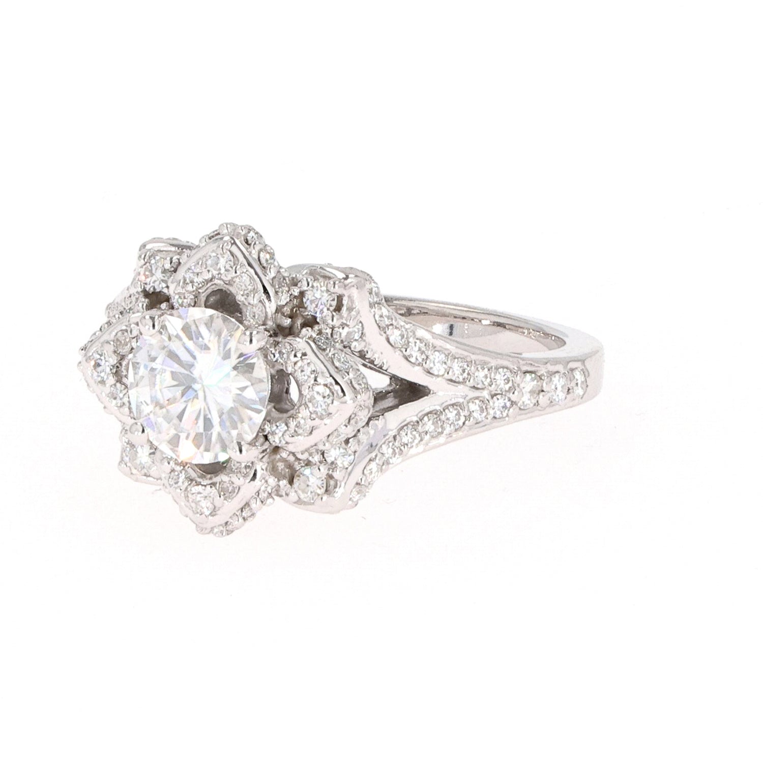 1.70 CTW DEW Round Near-Colorless Moissanite Flower Solitaire Ring in 14K White Gold