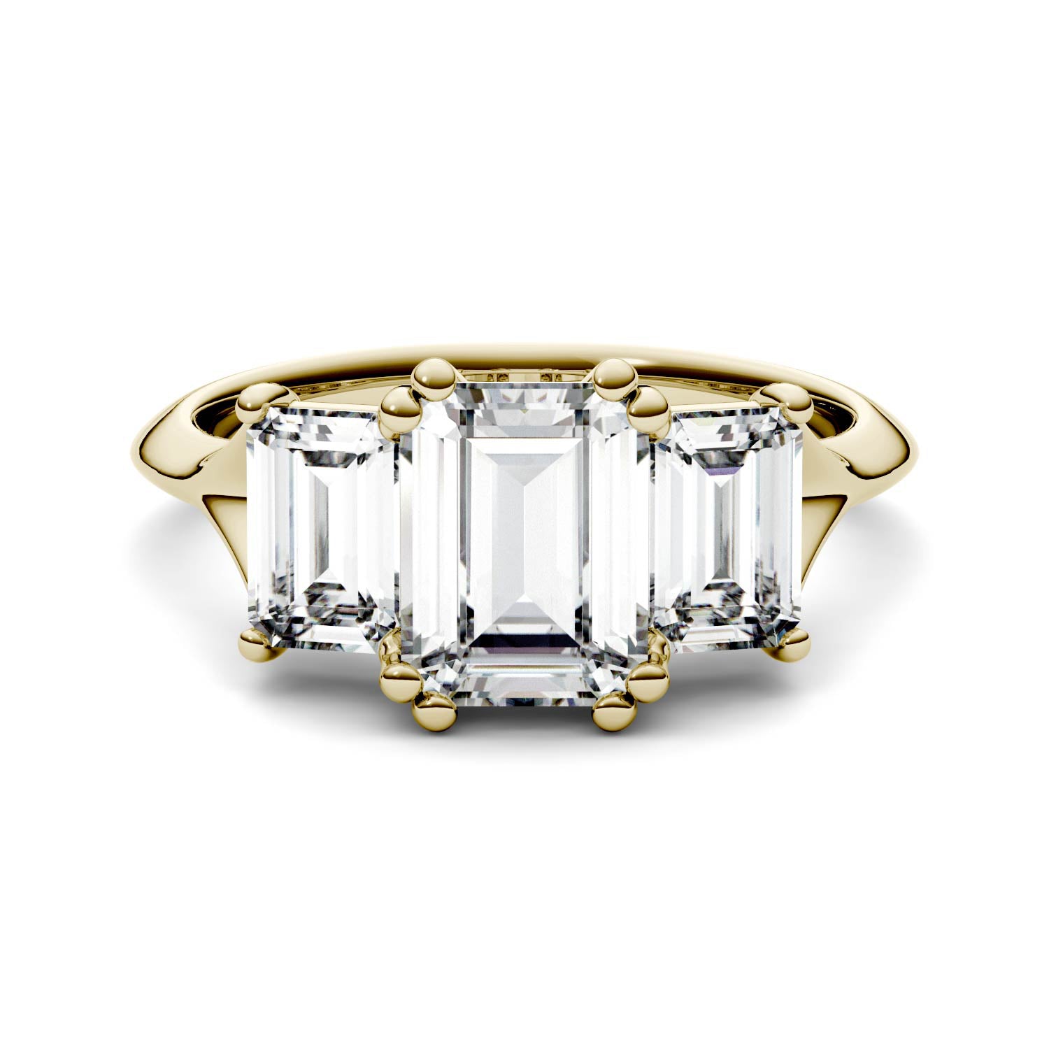 2.91 CTW DEW Emerald Moissanite Three-Stone Engagement Ring in 14K Yellow Gold