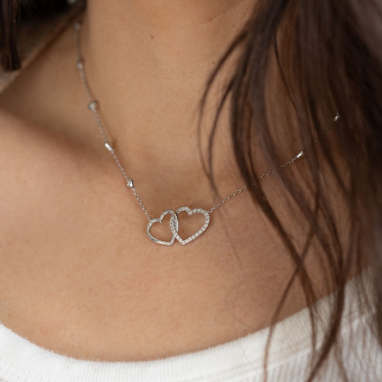 0.40 CTW DEW Moissanite Heart Station Necklace in Sterling Silver