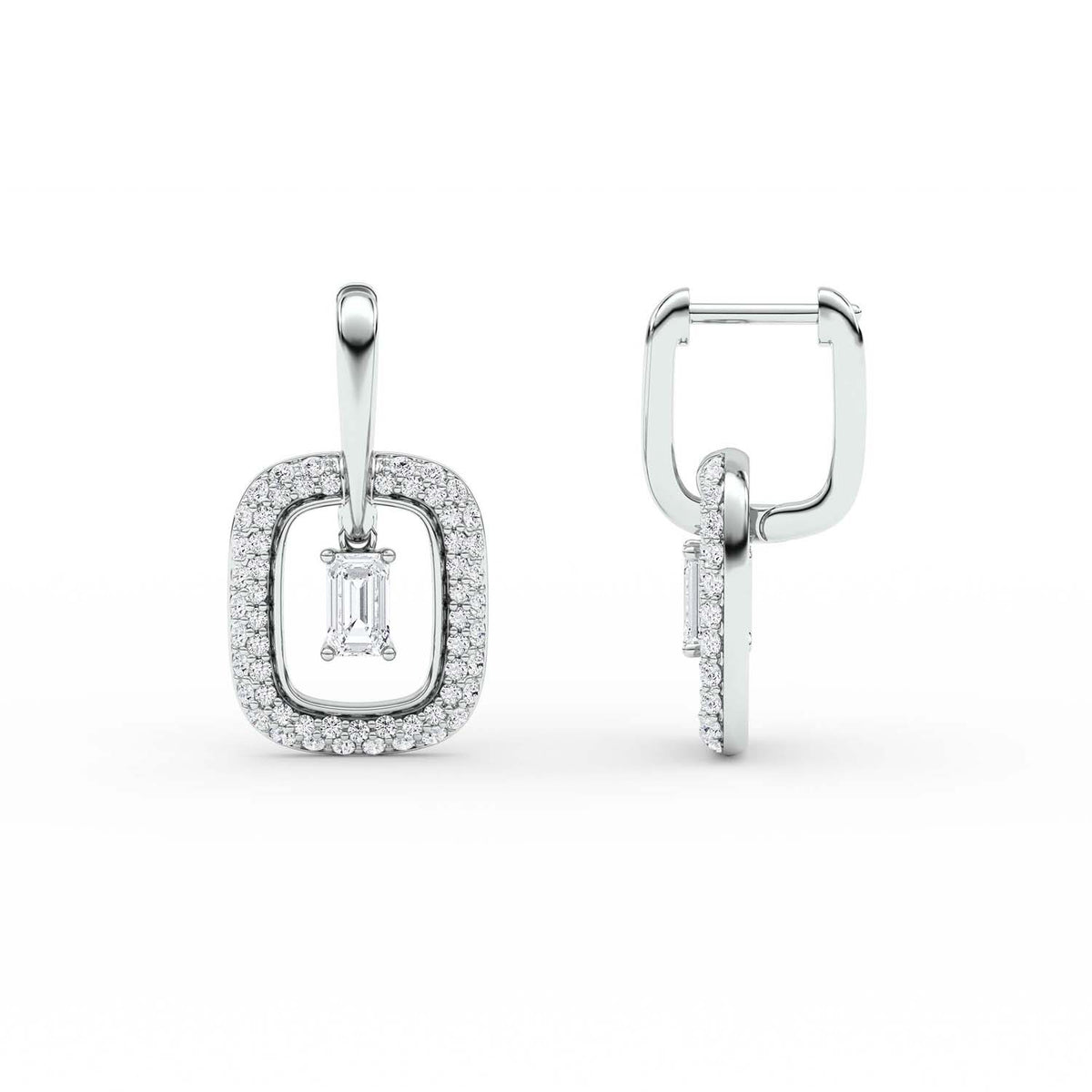 Forever Bright 2.01 CTW Moissanite Emerald Halo Hoop Earrings in Sterling Silver