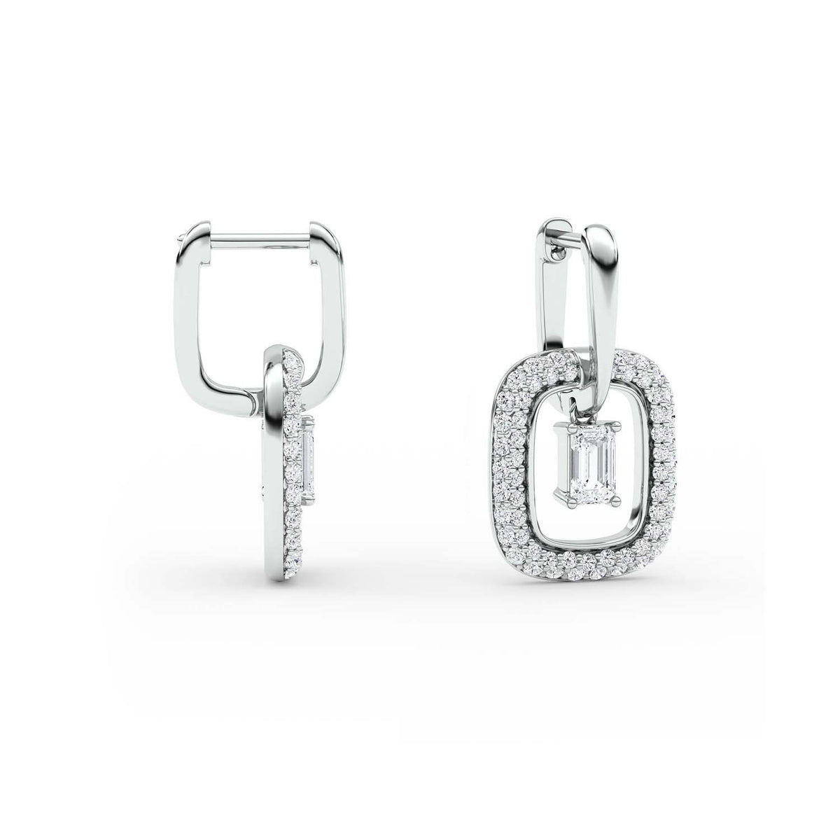 Forever Bright 2.01 CTW Moissanite Emerald Halo Hoop Earrings in Sterling Silver