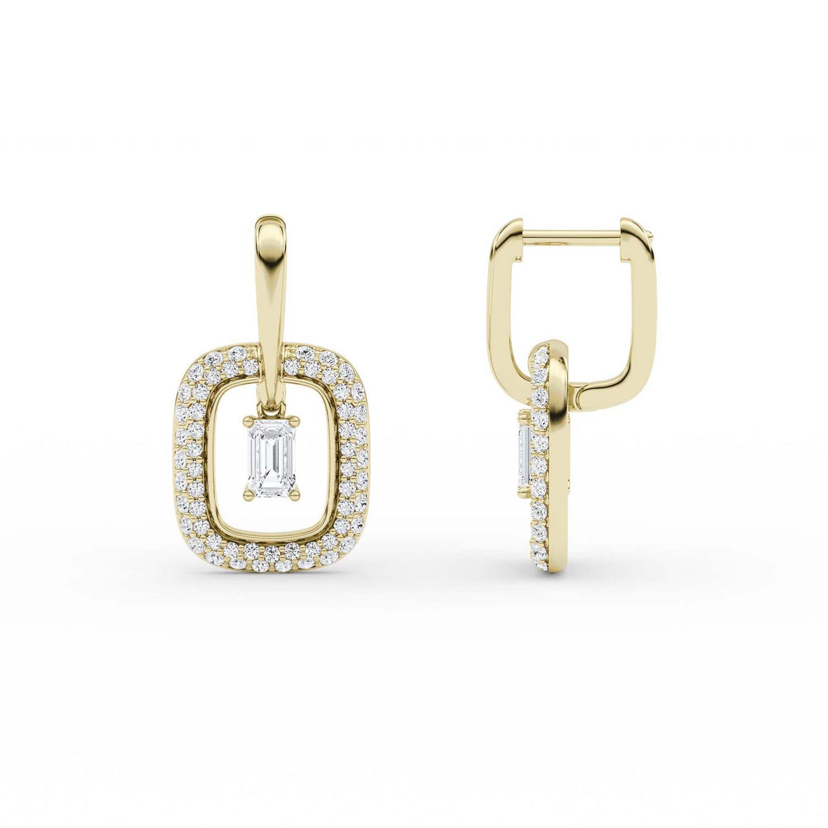 Forever Bright 2.01 CTW Moissanite Emerald Halo Hoop Earrings 14K Gold Vermeil