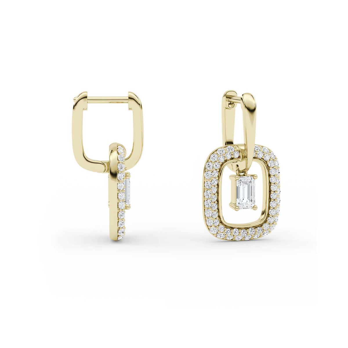 Forever Bright 2.01 CTW Moissanite Emerald Halo Hoop Earrings 14K Gold Vermeil