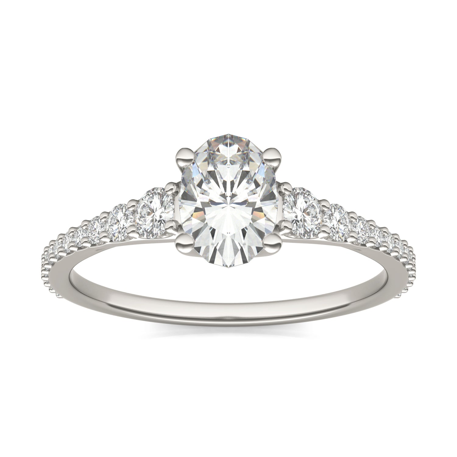 1.29 CTW DEW Oval Moissanite Graduated Side-Stone Engagement Ring in 14K White Gold