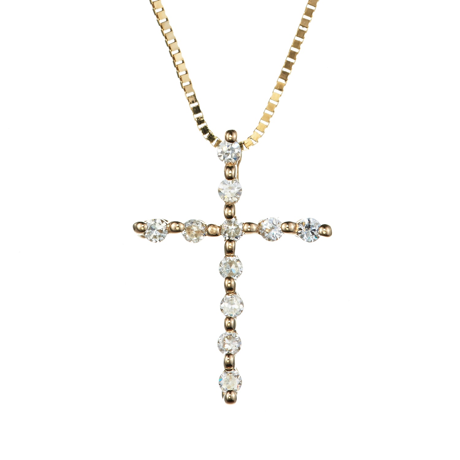 0.11 CTW DEW Round Moissanite Single Prong Cross Pendant in 14K Yellow Gold