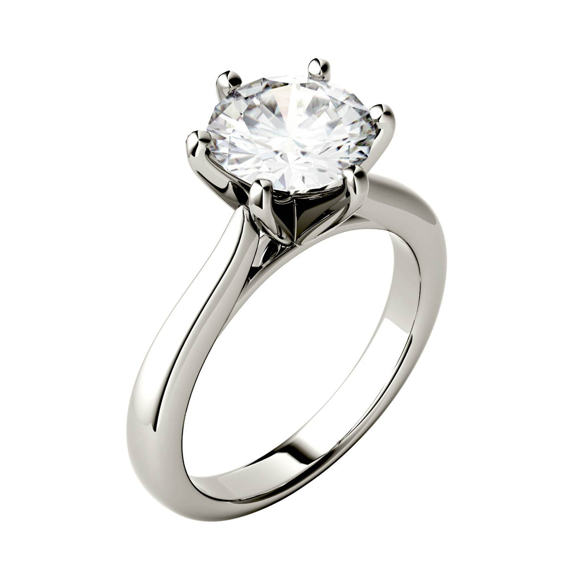 1.90 CTW DEW Round Moissanite Six-Prong Cathedral Solitaire Engagement Ring in 14K White Gold