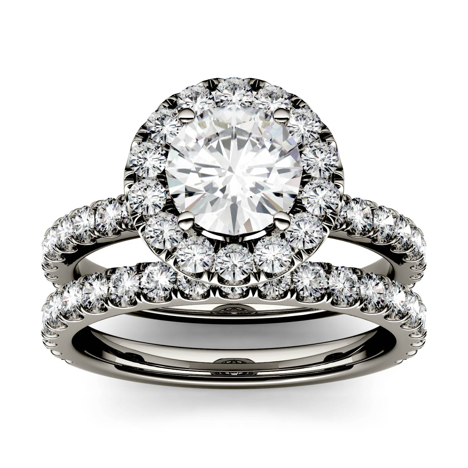 2.02 CTW DEW Round Moissanite Halo with Side Accents Bridal Set in 14K White Gold