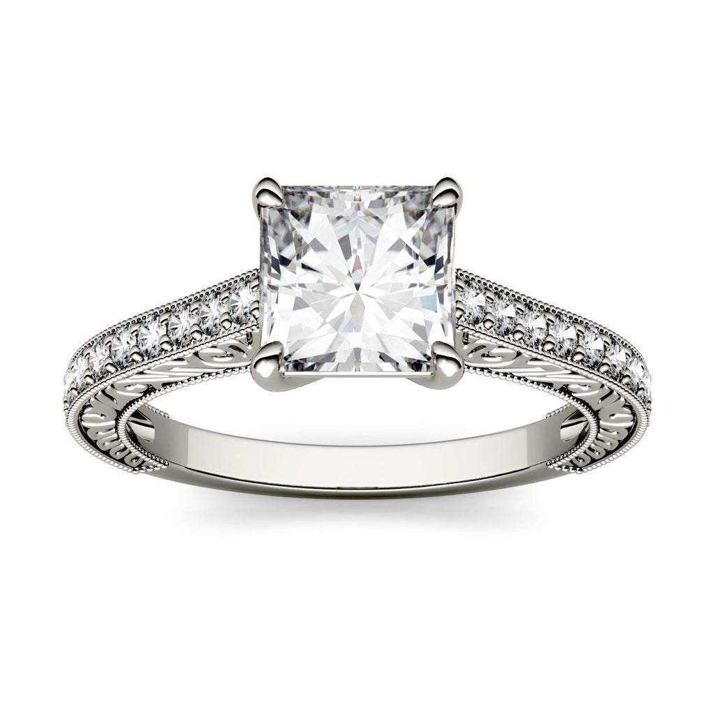 1.94 CTW DEW Square Moissanite Side-Stone Trellis Engagement Ring in 14K White Gold