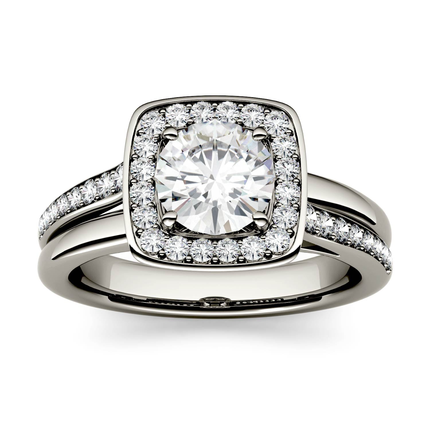 1.28 CTW DEW Round Moissanite Channel Set Halo with Side Accents Engagement Ring in 14K White Gold