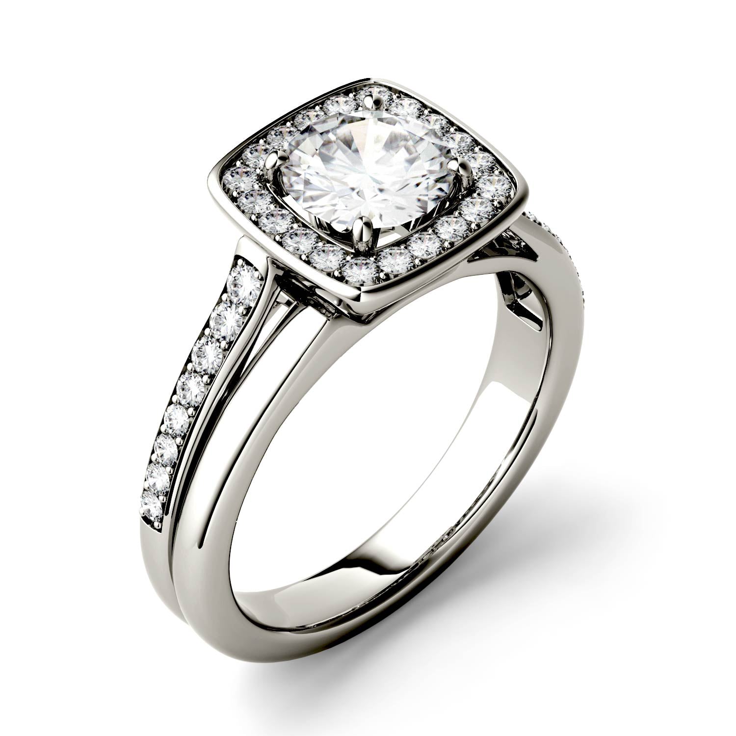 1.28 CTW DEW Round Moissanite Channel Set Halo with Side Accents Engagement Ring in 14K White Gold