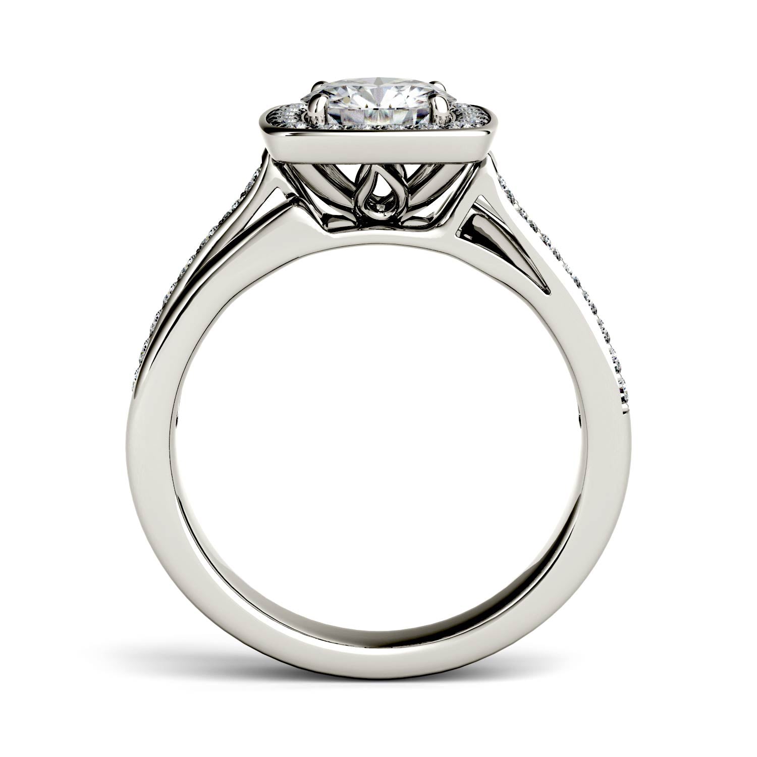 1.28 CTW DEW Round Moissanite Channel Set Halo with Side Accents Engagement Ring in 14K White Gold