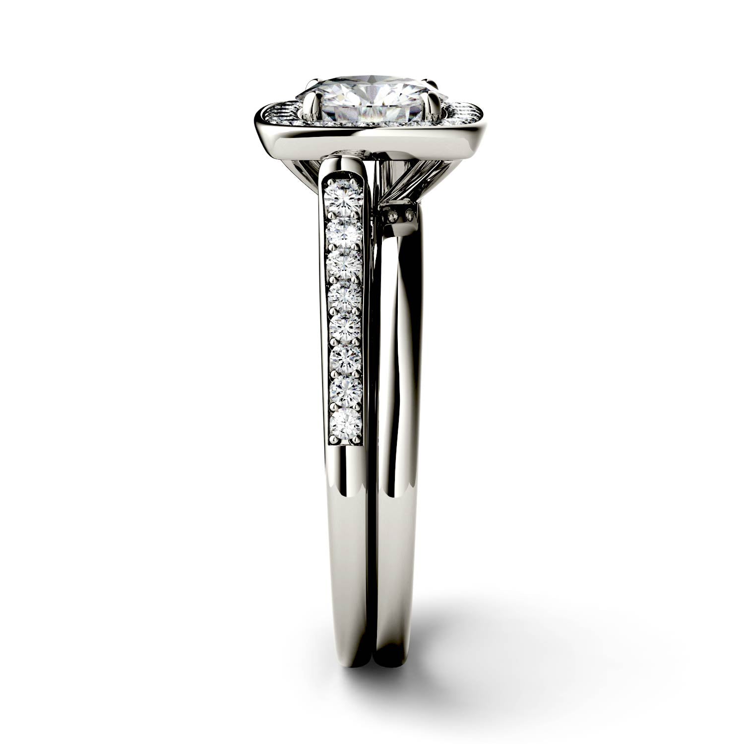 1.28 CTW DEW Round Moissanite Channel Set Halo with Side Accents Engagement Ring in 14K White Gold