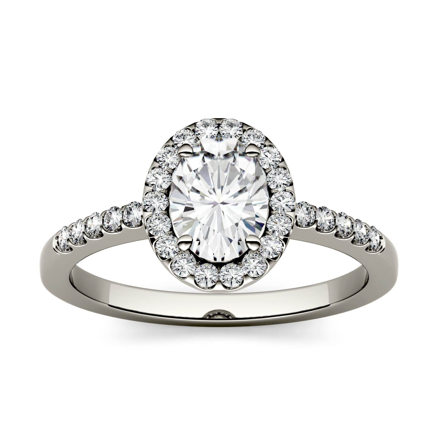 1.74 CTW DEW Oval Moissanite Halo with Side Accents Engagement Ring in 14K White Gold