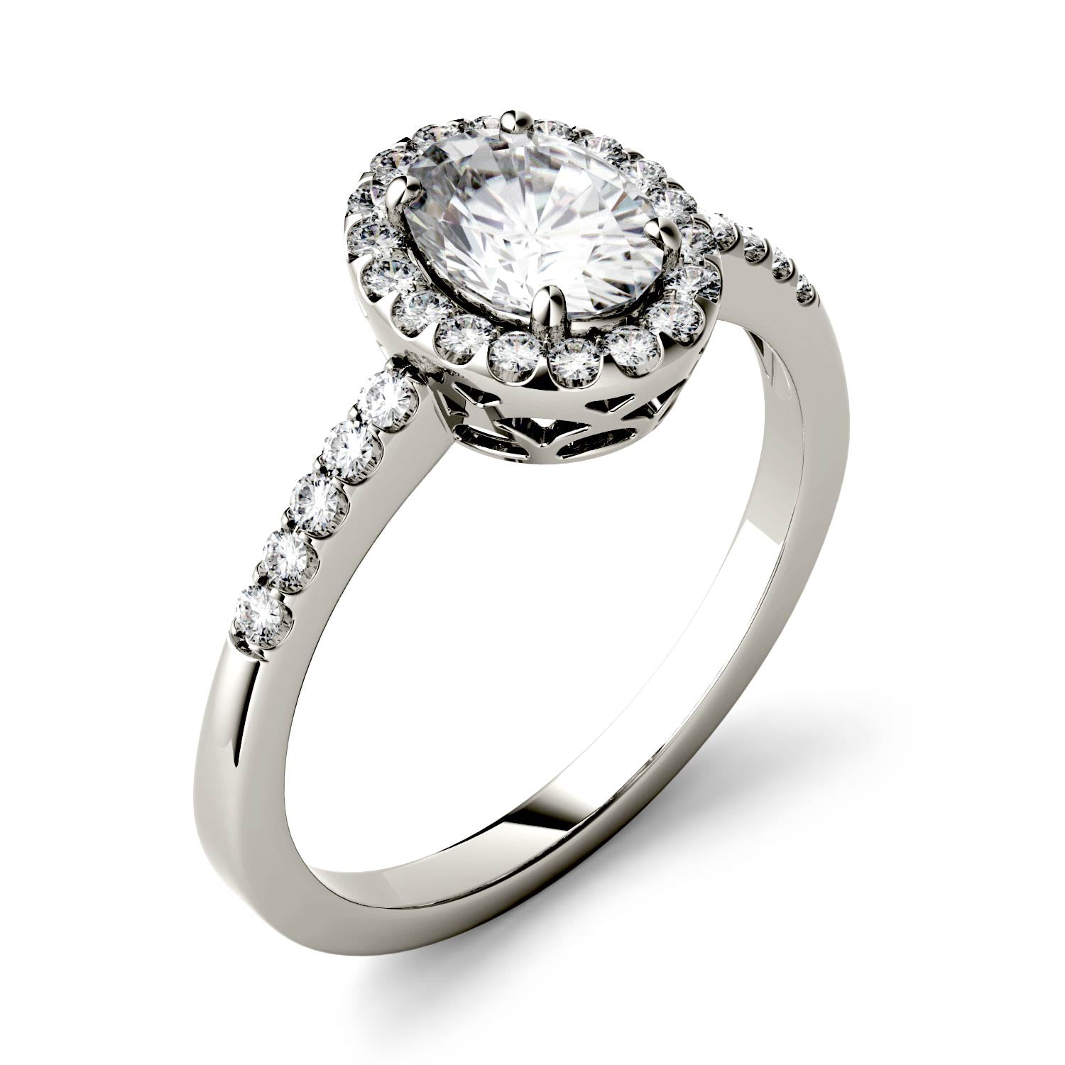1.74 CTW DEW Oval Moissanite Halo with Side Accents Engagement Ring in 14K White Gold