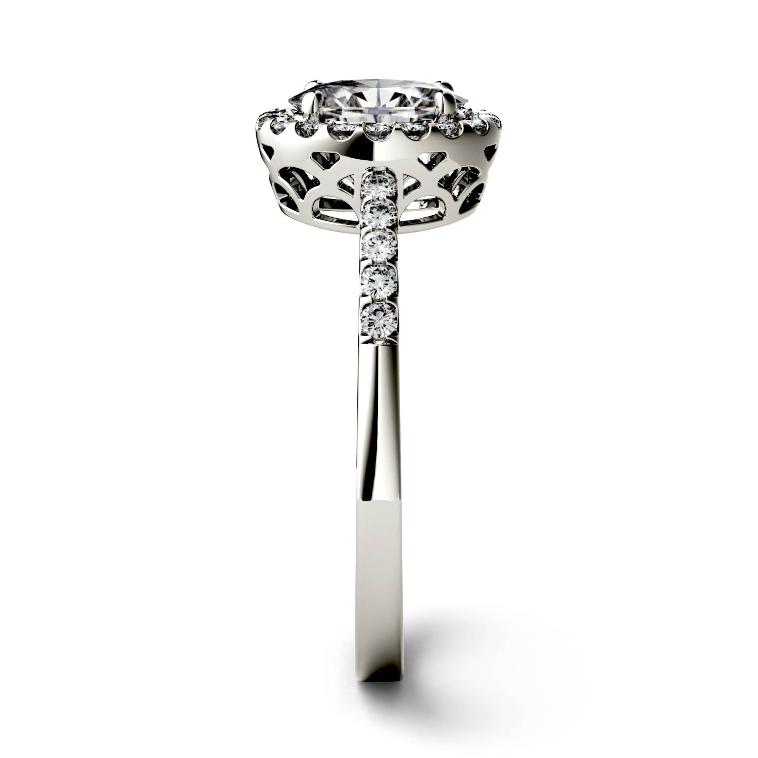 1.74 CTW DEW Oval Moissanite Halo with Side Accents Engagement Ring in 14K White Gold