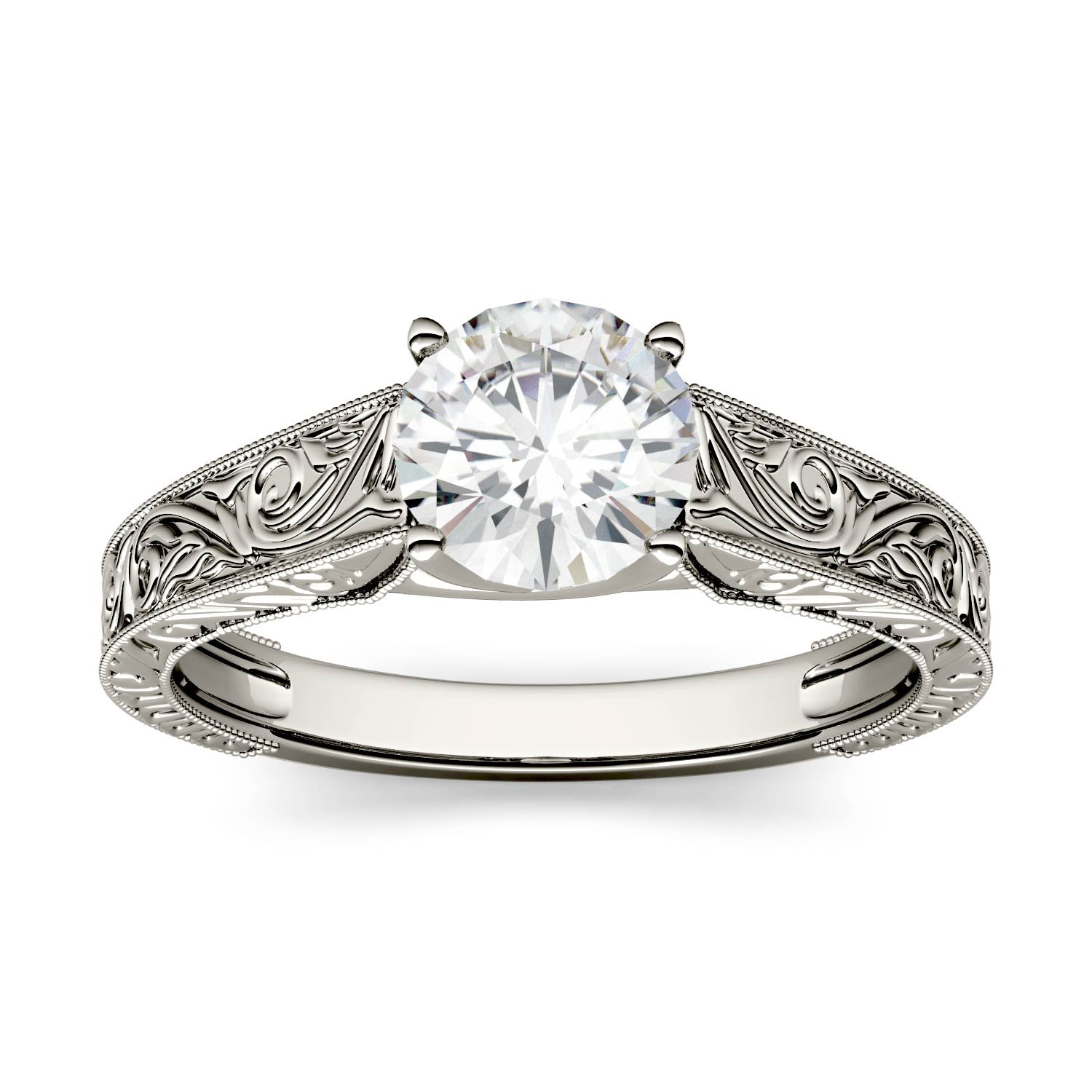 1.00 CTW DEW Round Moissanite Solitaire with Carved Band Engagement Ring in 14K White Gold