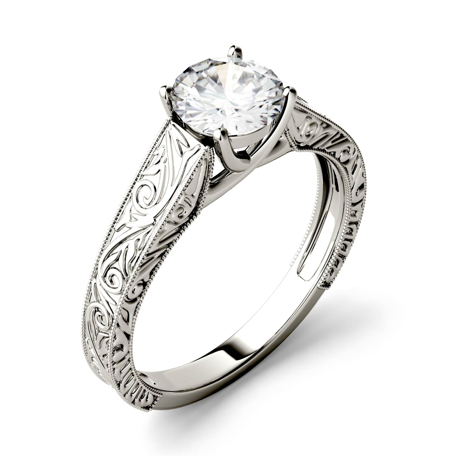 1.00 CTW DEW Round Moissanite Solitaire with Carved Band Engagement Ring in 14K White Gold