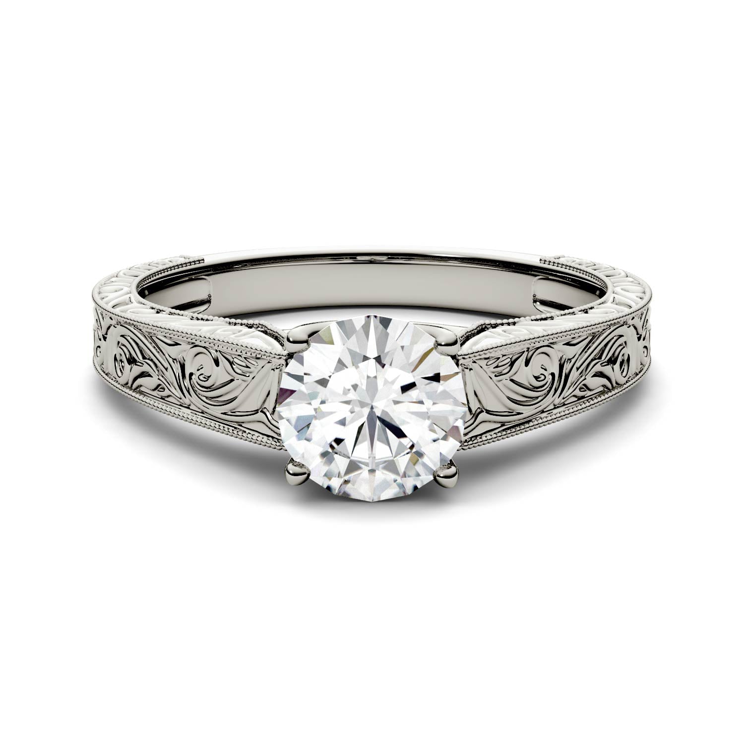 1.00 CTW DEW Round Moissanite Solitaire with Carved Band Engagement Ring in 14K White Gold