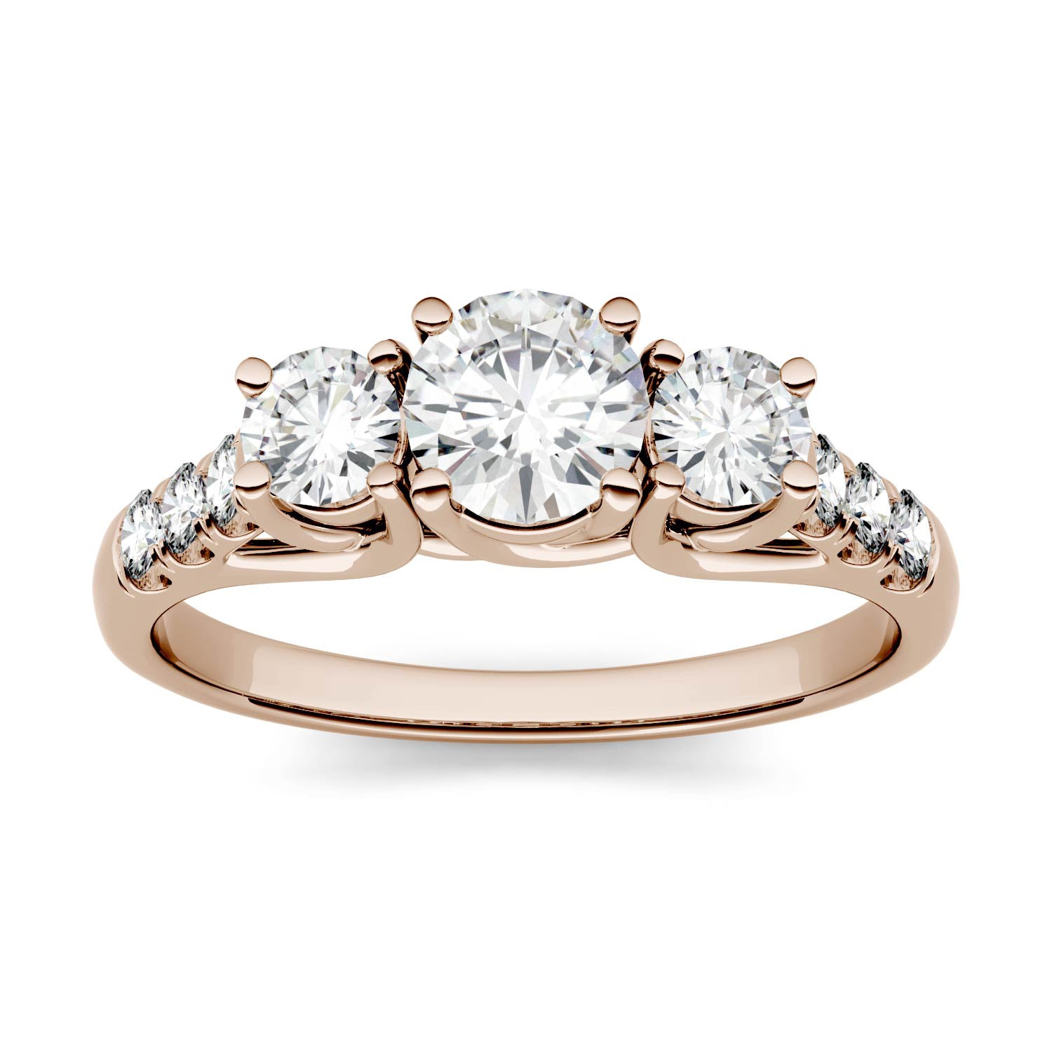 3.31 CTW DEW Round Moissanite Trellis Three Stone Ring in 14K Rose Gold