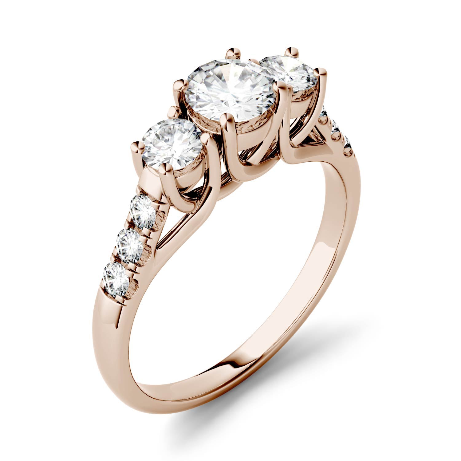 3.31 CTW DEW Round Moissanite Trellis Three Stone Ring in 14K Rose Gold