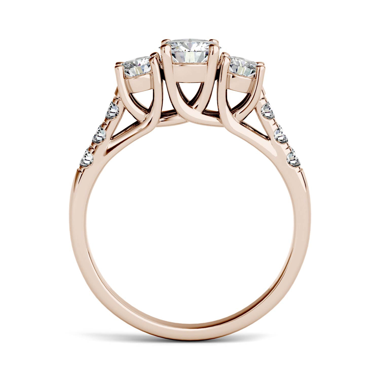 3.31 CTW DEW Round Moissanite Trellis Three Stone Ring in 14K Rose Gold
