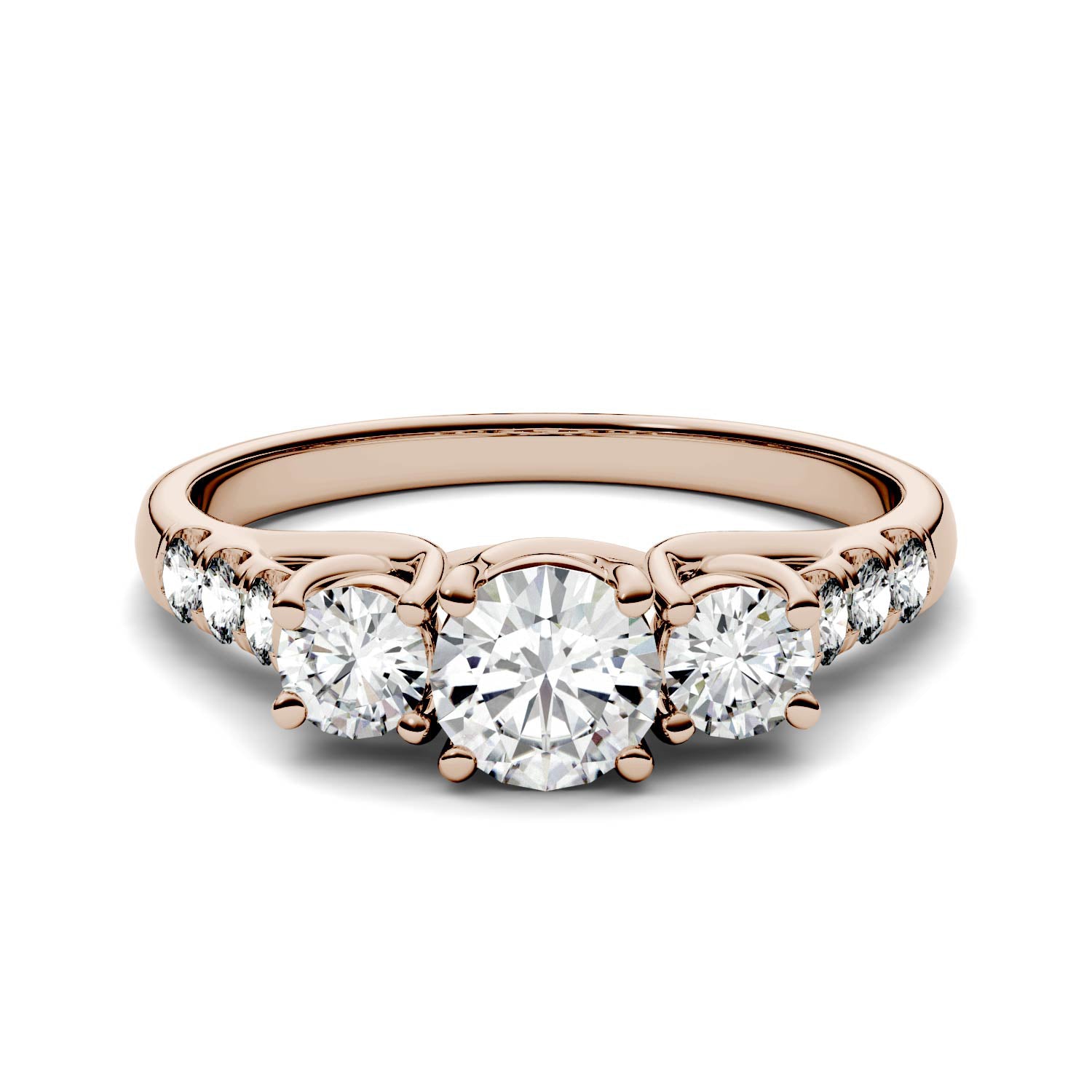 3.31 CTW DEW Round Moissanite Trellis Three Stone Ring in 14K Rose Gold